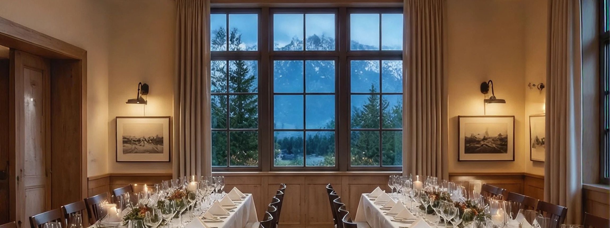 Festlich gedeckte Tafeln im Sääli mit Blick auf die Berge